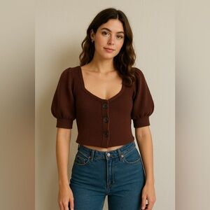 Free People Brown Puff Sleeve Button Down Crop Top